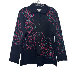 Women's Coldwater Creek Black 100% Wool Buttoned Sweater Abstract Size Medium